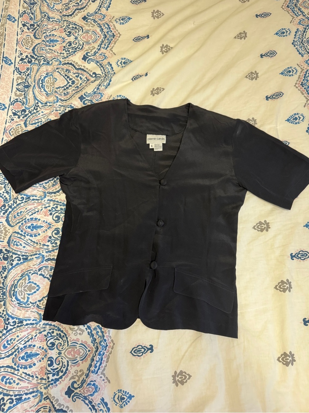 Pierre Cardin Black Silk Short Sleeve Blouse